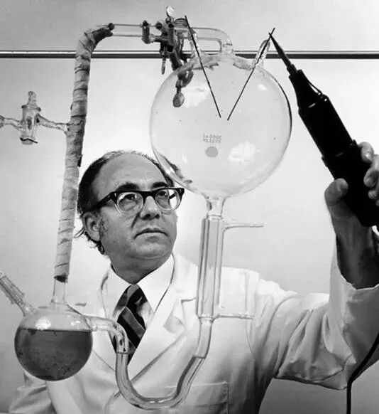 Stanley Miller, photograph, 1980s?; he poses with a replication of his classic 1952 experiment on the production of organic molecules under the conditions of the primitive Earth (nbcnews.com)